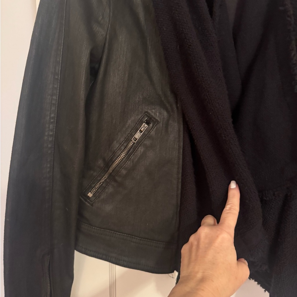Free People Women's Black Jean Jacket with crochet material in center. - Picture 2 of 11